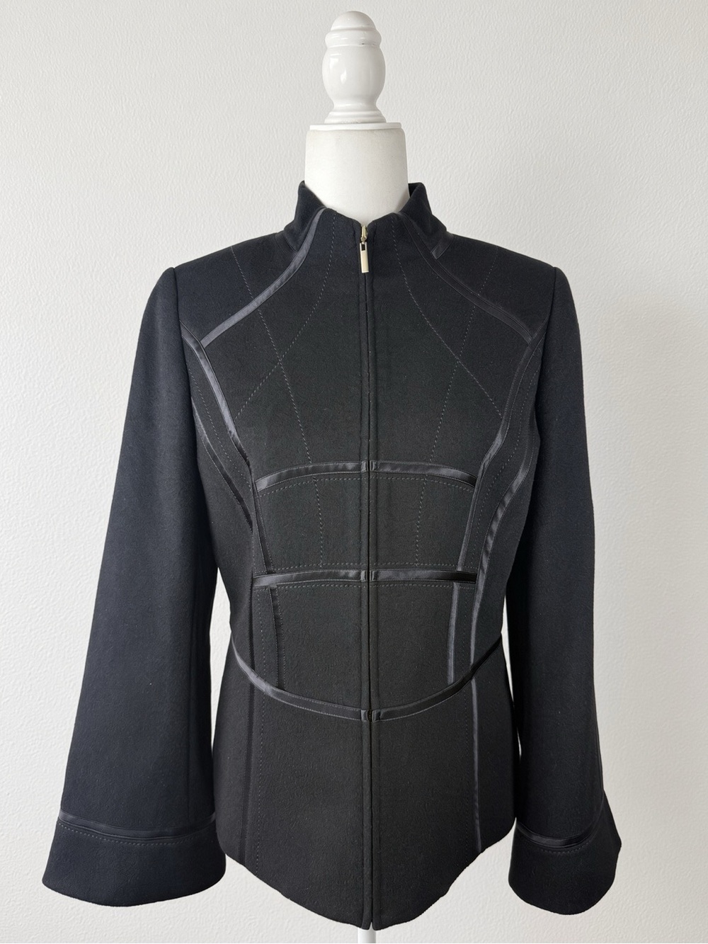 Ellen Tracy Luxury Wool Angora Zip Moto Jacket Silk Trim Flared Sleeve